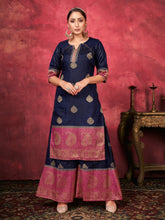 Navy Blue Woven Art Silk Readymade Women Kurta Set